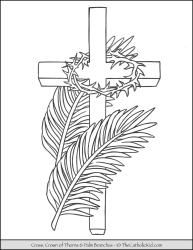 Cross, palm branches, crown of thorns